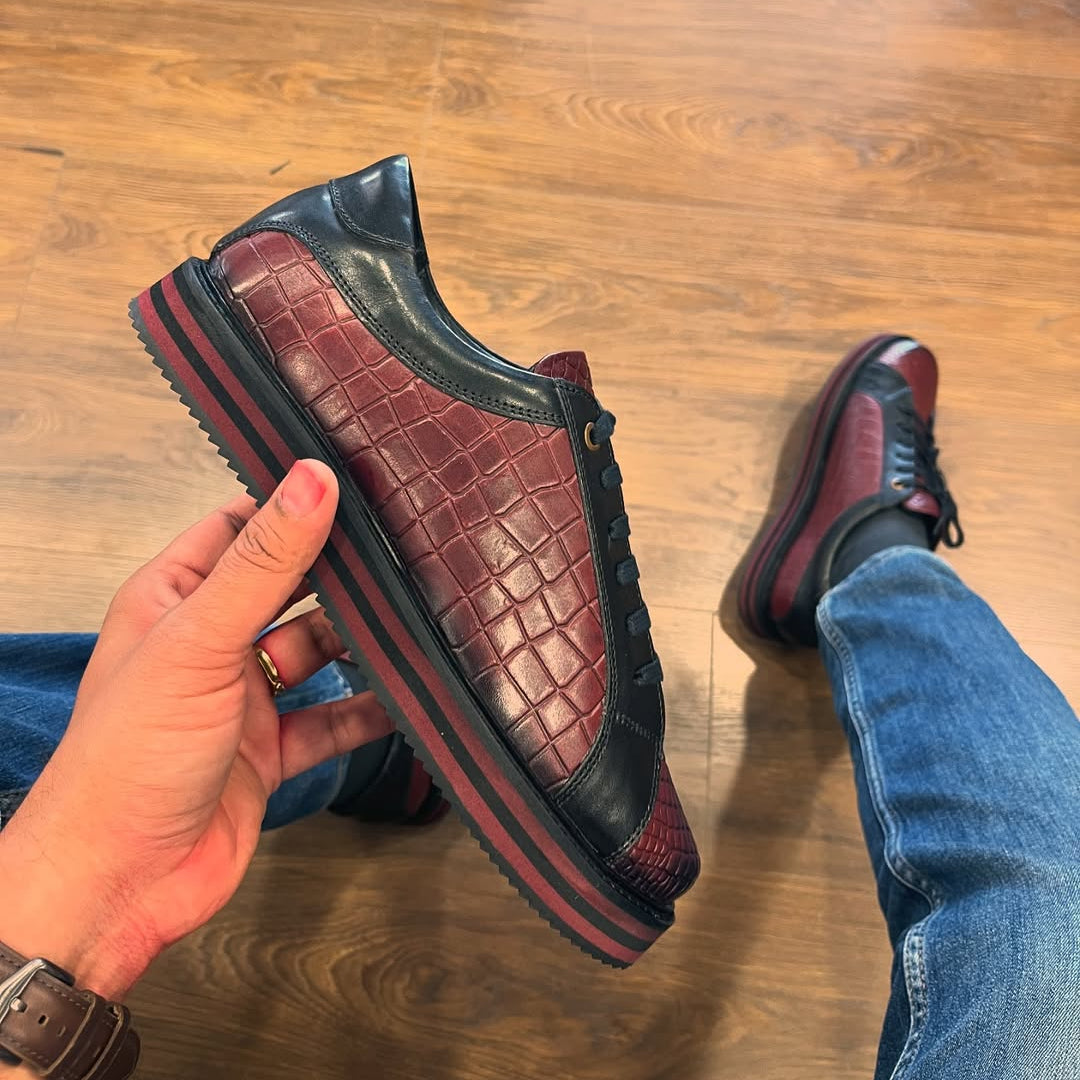 Luxury Croc-Embossed Leather Sneakers – Black & Burgundy