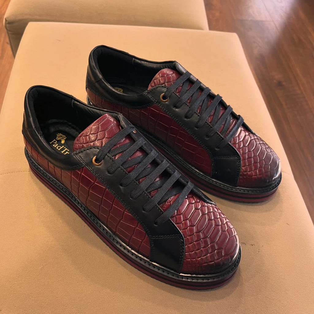 Luxury Croc-Embossed Leather Sneakers – Black & Burgundy