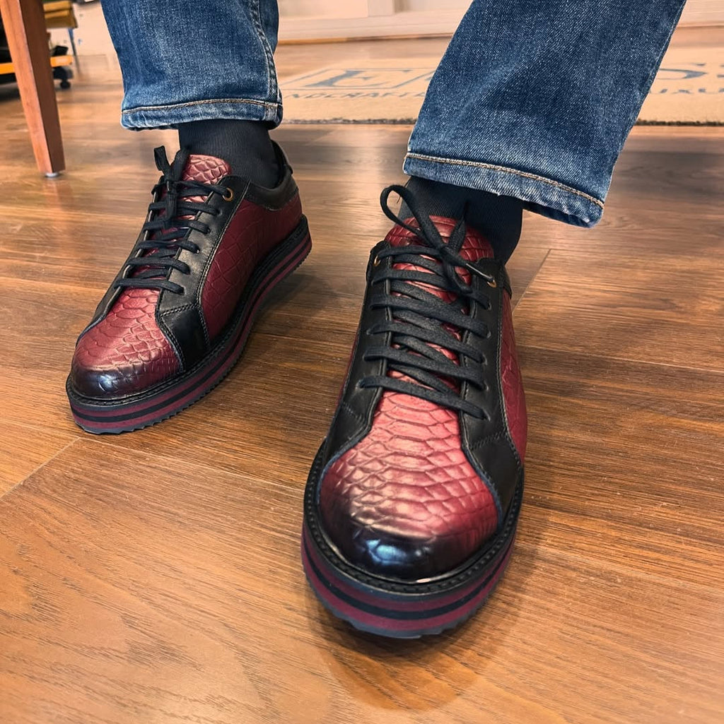Luxury Croc-Embossed Leather Sneakers – Black & Burgundy