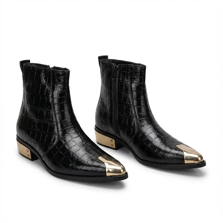 GOLDEN TOE AND HEEL TEXTURED BLACK COLOR LEATHER CHELSEA