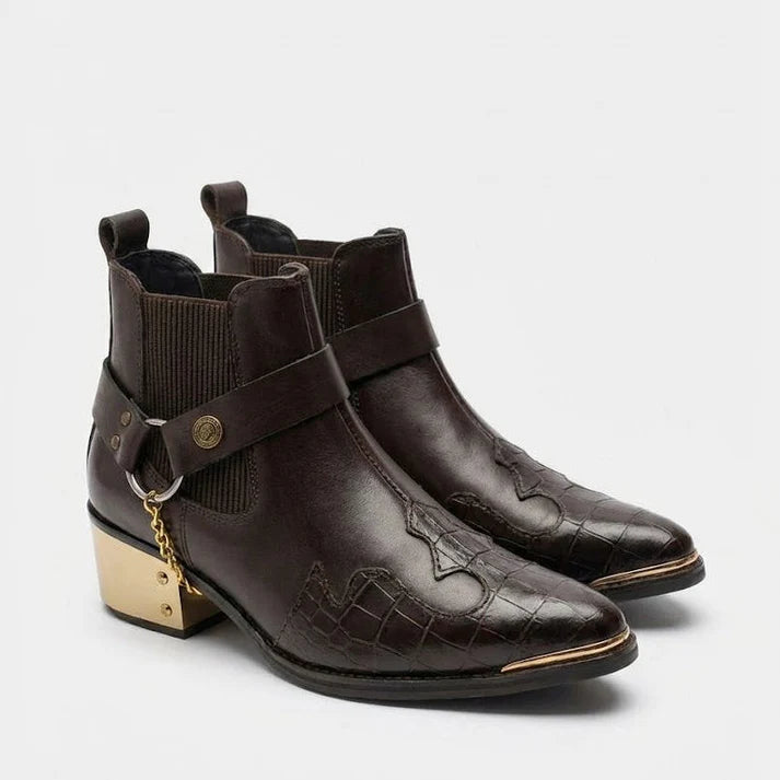 POINTED TOE SEMI TEXTURED WITH GOLDEN HEEL AND TOE IN COWBOY PATTERN LEATHER CHELSEA