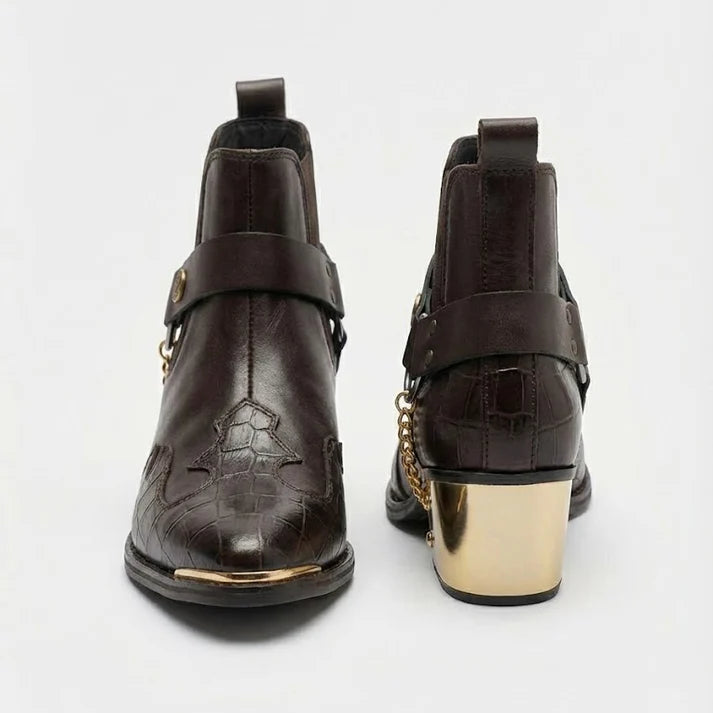 POINTED TOE SEMI TEXTURED WITH GOLDEN HEEL AND TOE IN COWBOY PATTERN LEATHER CHELSEA