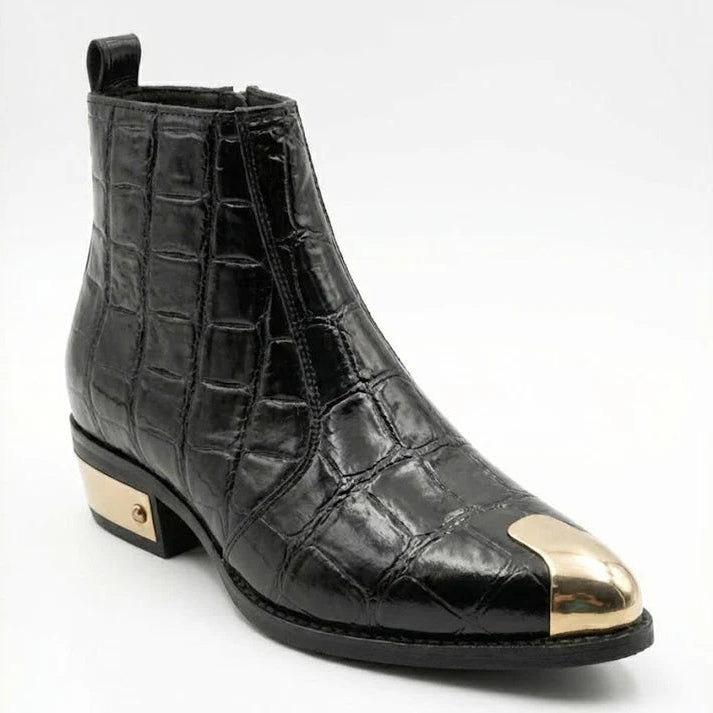 TEXTURE PATENT LEATHER GOLDEN TOE AND HEEL CHELSEA BOOTS