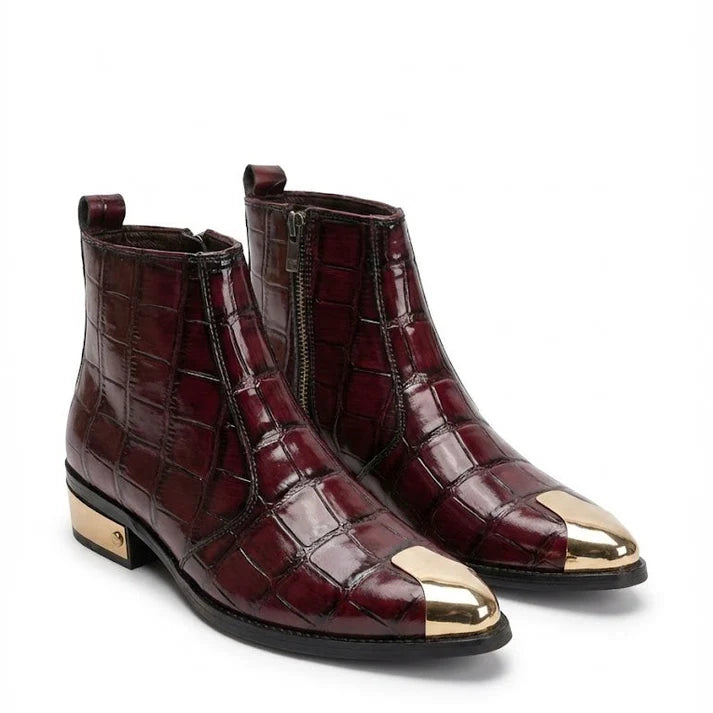 GOLDEN TOE AND HEEL TEXTURED PATENT LEATHER CHELSEA BOOTS