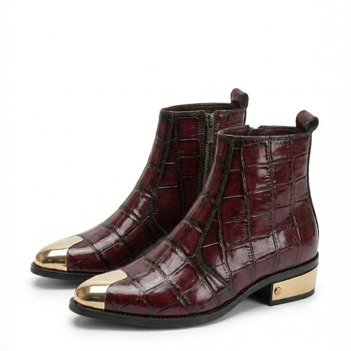 GOLDEN TOE AND HEEL TEXTURED PATENT LEATHER CHELSEA BOOTS